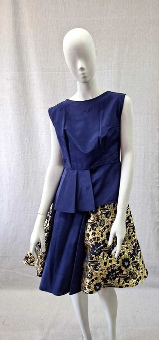 Rochie de Ocazie/Cocktail Elegantă Albastru Marin și Brocart Auriu