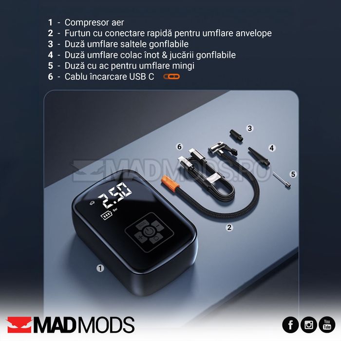 Compresor auto cu acumulator, 150 PSI, Afisaj digital, Lanterna, USB C