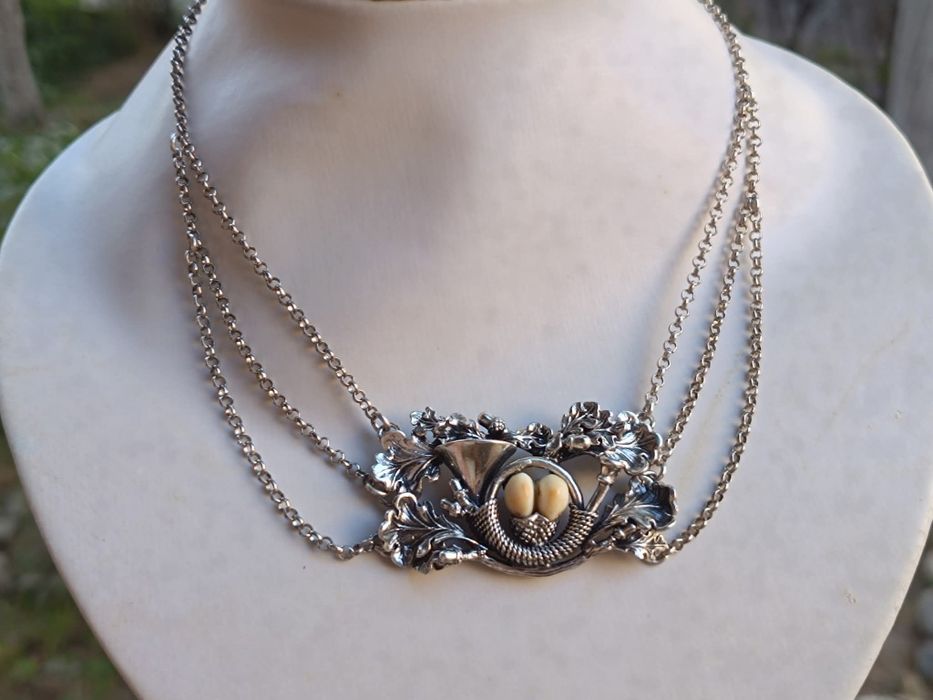 Vechi colier grandel, Charivari, argint 800 cu perle de caprioara