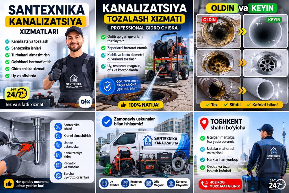 Kanalizatsiya tozalash xizmati 24/7