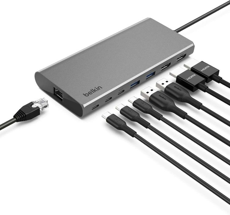 Belkin USB-C 8 в 1 хъб,2 USB-C, 2 USB-A, 2 HDMI, Ethernet и 100 W порт