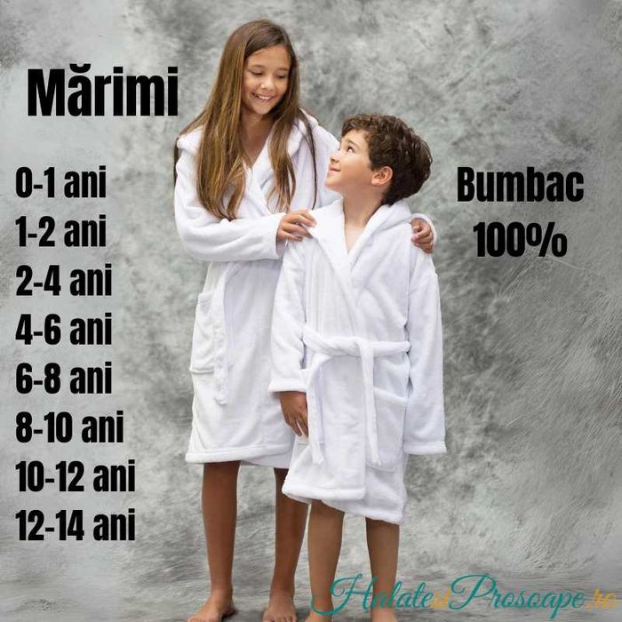 Halat baie copii, bumbac 100%, 0-14 ani (8 mărimi), calitate premium