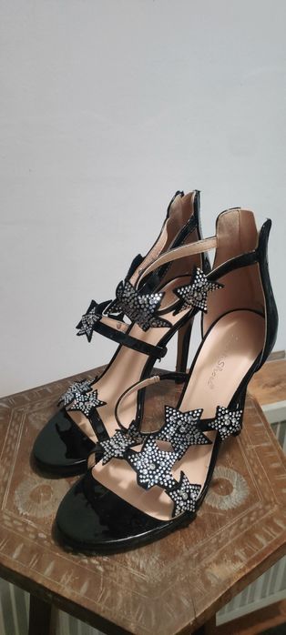 Sandale cu Toc Negre din Piele Ecologica