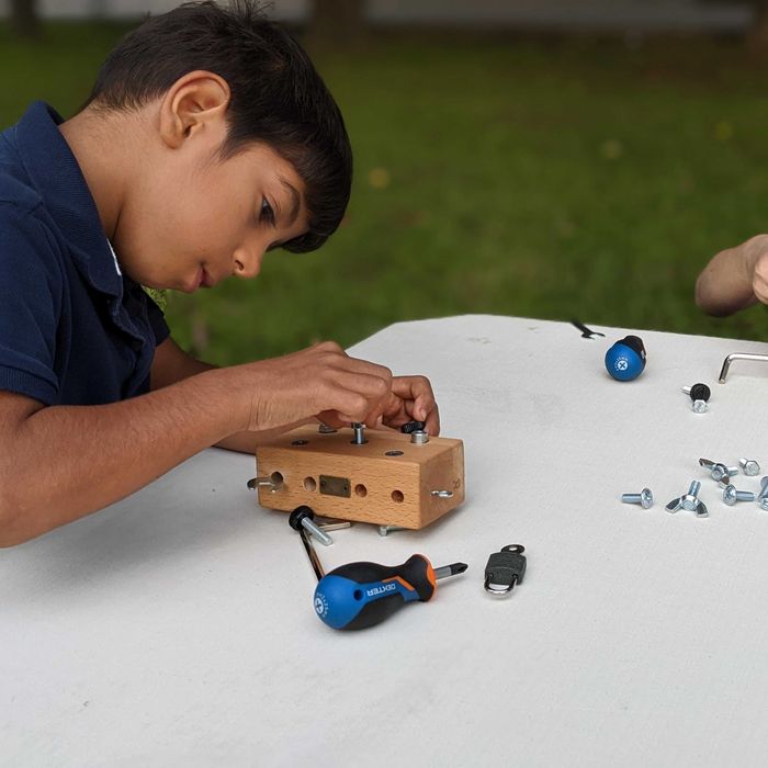 Placa Senzoriala pentru copii, Busy Cube, tip Montessori, lemn masiv