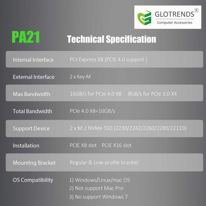 Placa Adaptor GLOTRENDS PA21 Dual M.2 NVMe PCIe 4.0 X8 Win Linux Mac
