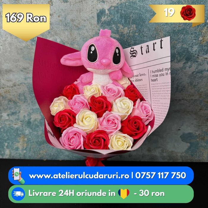 Buchete Trandafiri Sapun & Stitch & Sclipici cu Livrare