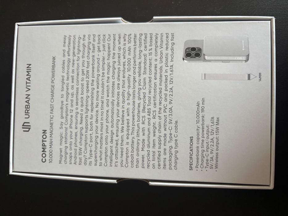 Магнитна батерия за тел - URBAN VITAMIN COMPTON RCS 10.000 MAH - БЯЛА