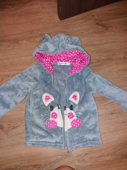 Hanorac gri/rosu catifelat cu fermoar model pisica/urs panda