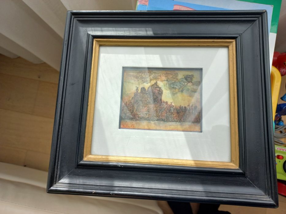 Картина графика с акварел с рамка подписана