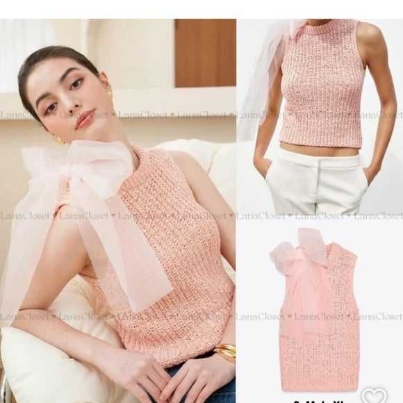 Нов трикотажен плетен топ с панделка от органза размер С на ZARA