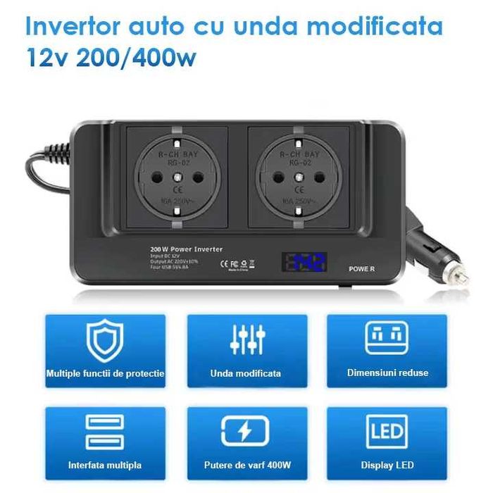 Invertor de Tensiune de la Priza Auto la Priza EU, Putere 400W