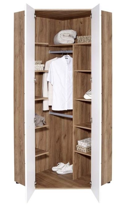 Ъглов гардероб Авенсис Ню – тъмен дъб крафт / бял гланц – 86.5/86.5/20