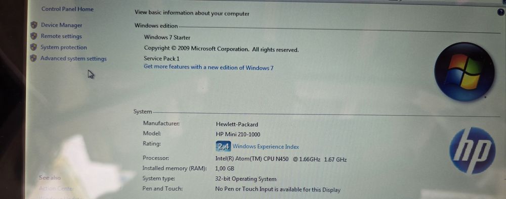 Laptop hp mini 210, cu windows pe el, incarcator si cutie