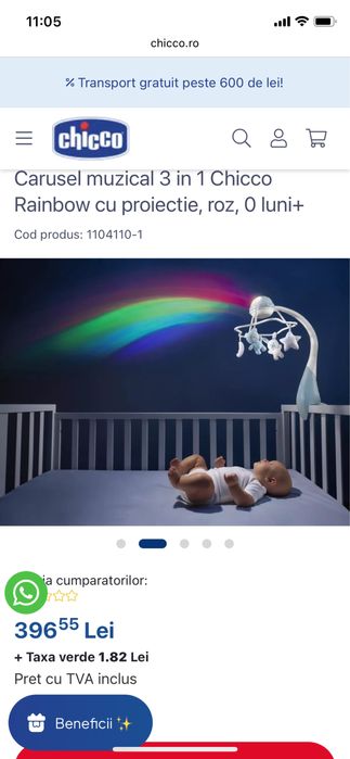 Vand Carusel muzical 3 in 1 Chicco Rainbow cu proiectie, roz, 0 luni+