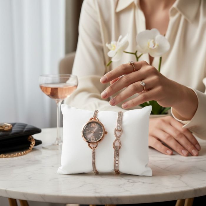 Комплект за нея: часовник и гривна с кристали – изискан стил всеки ден