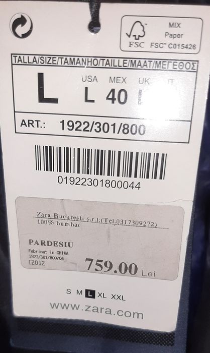 Palton barbati Zara,marimea L,nou cu eticheta  de culoare neagra