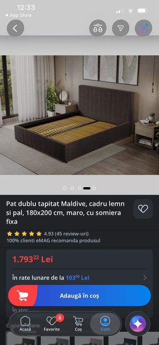 Pat dublu tapitat Maldive, cadru lemn si pal, 180x200 cm, maro, cu somiera fixa