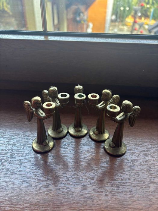 Set cinci ingerași identici/suporturi lumânărele/bronz masiv/7,2cm.