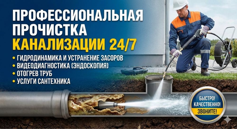 Прочистка канализации, Отогрев канализации, Промывка, Крот