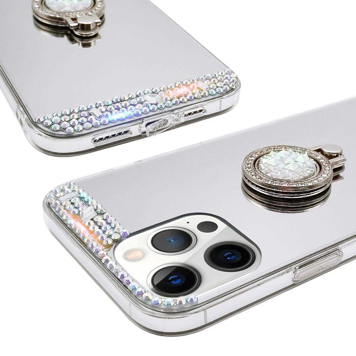 Husa tip oglinda cu inel si pietricele pt. iPhone 15 Pro / 15 Pro Max