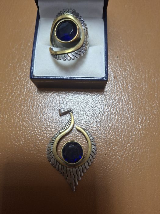 Set vintage argint 925-inel pandantiv cu piatră albastră fațetată