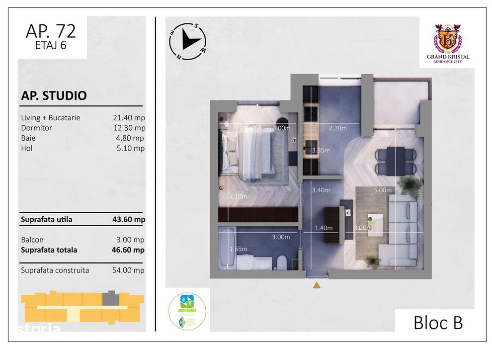 Apartament tip studio, incalzire in pardoseala, rond Metro-Berceni
