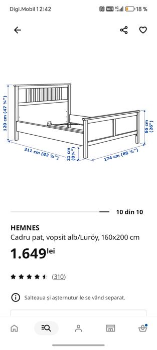 Pat cu somiere și saltea + 2 noptiere Hemnes Ikea