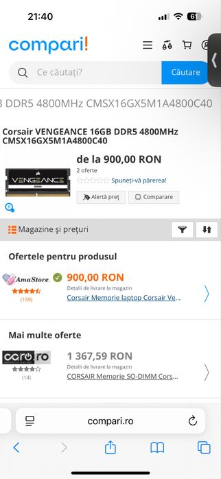 Memorie laptop Corsair Vengeance 16GB, DDR5, 4800MT/s