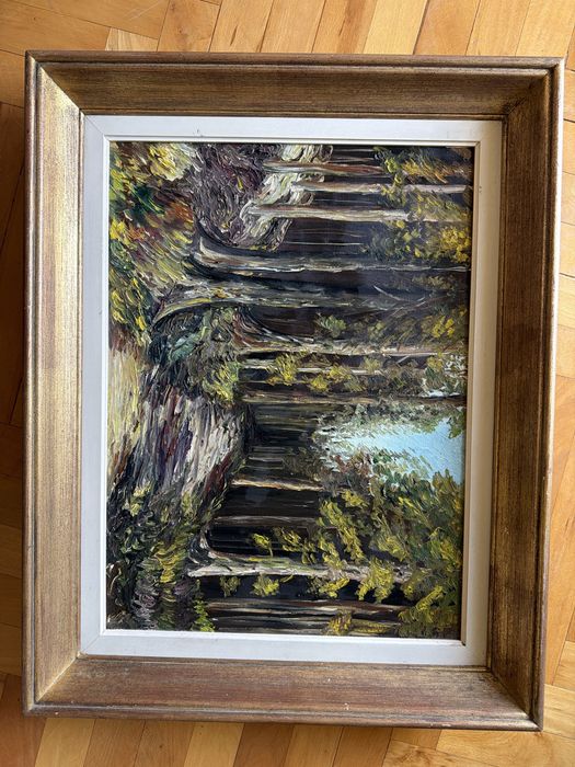 Tablou,pictura in ulei pe panza,peisaj in padure,semnat