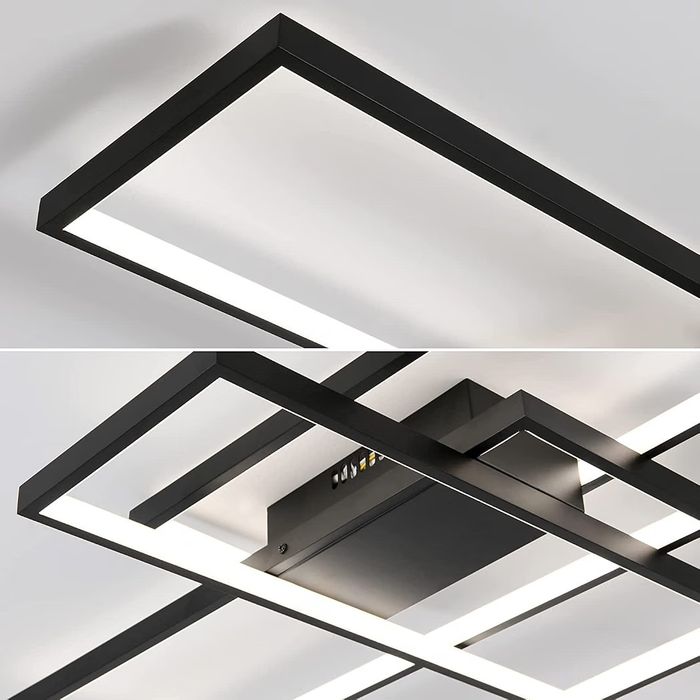 LED таванно осветление 110×65 см невисящо димируемо, черни правоъгълници от алуминий, дистанционно управление,, модерна  дизайнерска лампа плафон