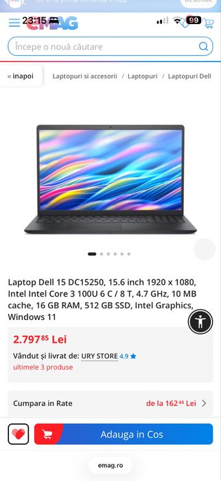 Leptop Dell 15 DC15250, 15.6 inch 1920 x 1080, Intel  Core 3 100U