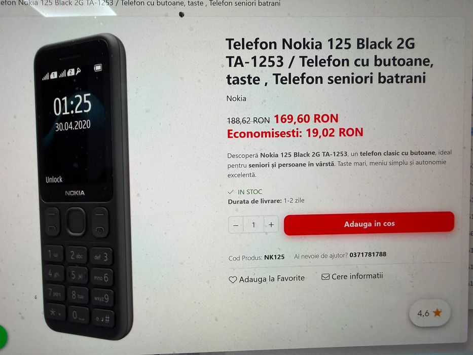 Telefon Dual Sim Nokia 125 Black TA-1253 / Telefon cu butoane mari , taste , Telefon seniori batrani ,ecran mare