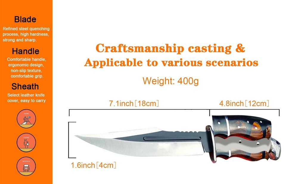 Ловен нож с кожена кания Full Tang Цяло парче метал HTWM-103