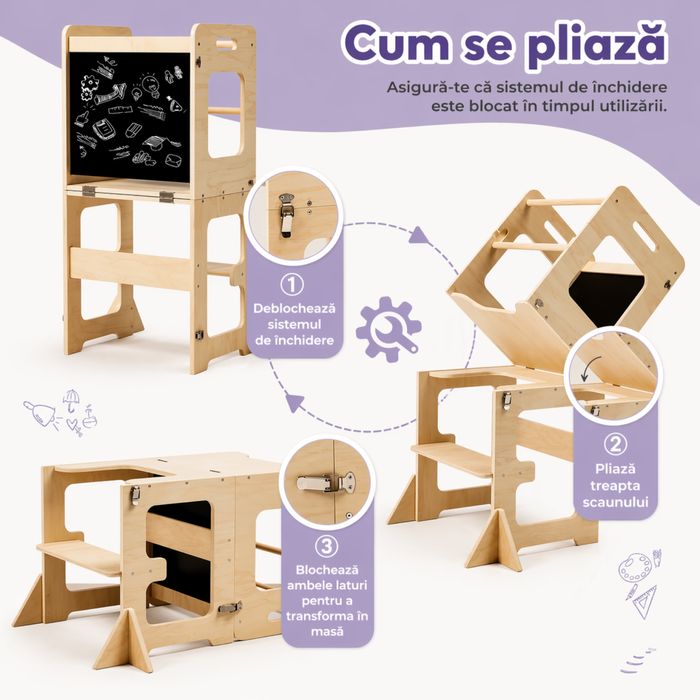 Turn de învățare (Learning Tower) Montessori 3 în 1 din lemn – Scaun + Masă + Tablă – Pliabil, Sigur, 68 kg