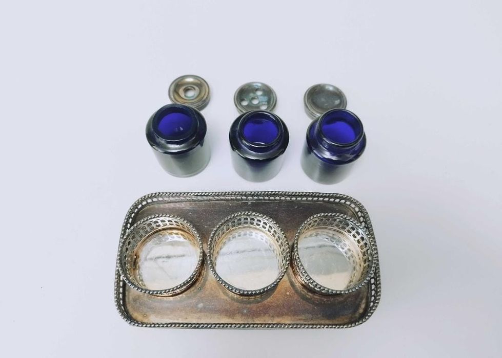 Veche calimara birou Sheffield, anii 1800, placata cu argint, cobalt