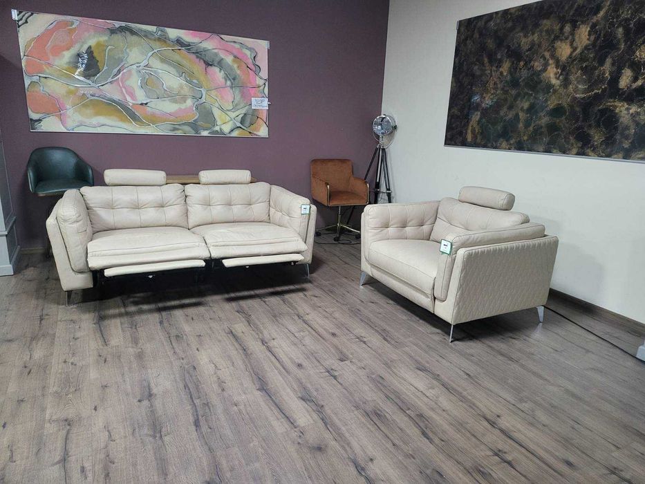 Кремав кожен диван тройка с ел. релакс механизъм и фотьойл