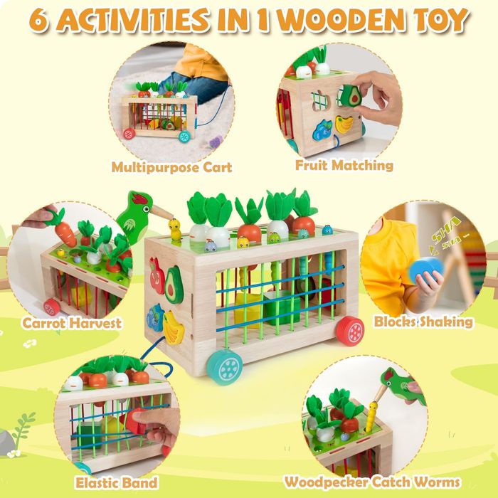 Дървена играчка куфар Монтесори 6в1 за двигателни и сензорни умения