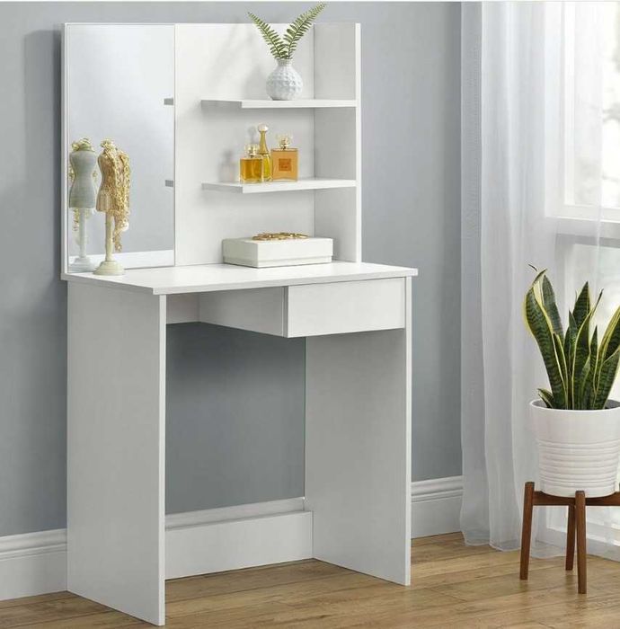 Маса за тоалетка с 3 рафта и чекмедже, с огледало, бяла, 75x40x136см