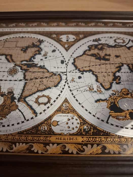 Tablou decorativ pe sticlă/oglindă – Hartă veche a lumii, ramă din lem