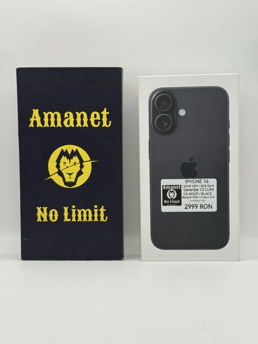 iPhone 16 Black 128GB Baterie 93% impecabil CA NOU , AMANET NO LIMIT.