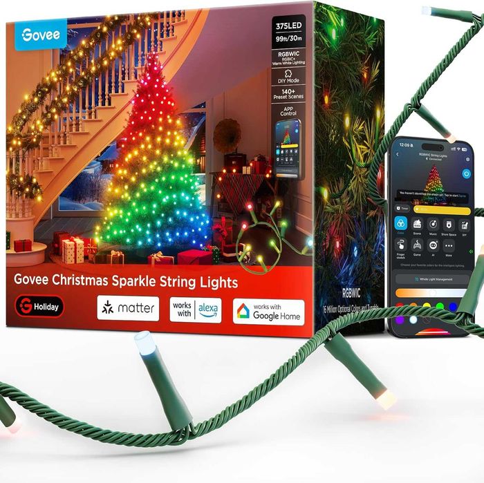 Kоледни смарт лампички Govee Christmas Sparkle String Lights 99ft - 30 метра RGBWIC 375 LED