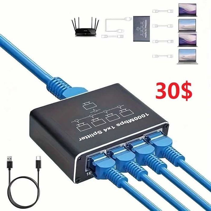 Ethernet коммутатор 1 к 2, 1 к 4. Высокая скорость 1000Mbps без потерь