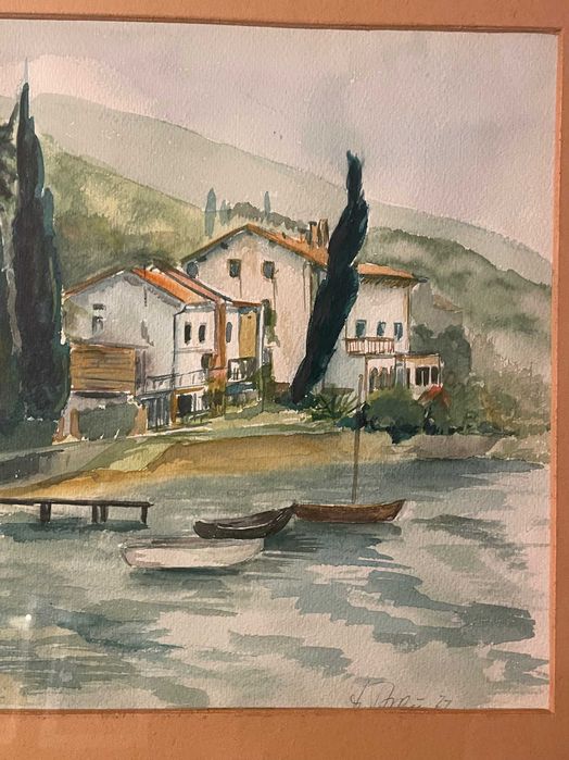 Tablou vechi original, acuarelă pe hârtie, peisaj cu bărci, an 1977, înrămat, semnat