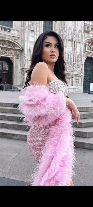 Rochie cu cristale si sal cu pene de strut