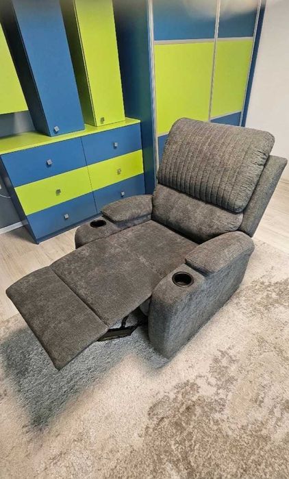 Fotoliu Recliner Premium cu Suport de Pahar – Material Textil Gri