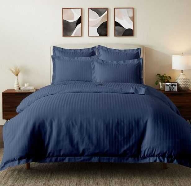 Lenjerie Din Microfibra Model Damasc 6 Piese 180x210 bleumarin