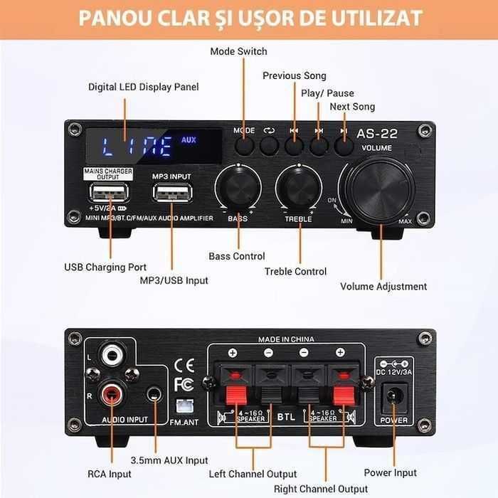 Amplificator audio bluetooth,300W,USB/RCA/AUX/FM,telecomanda ,nou