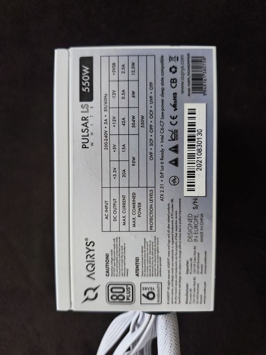 Sursă PC AQIRYS Pulsar LS White, 550W, 80 PLUS, cabluri albe – Impecabilă
