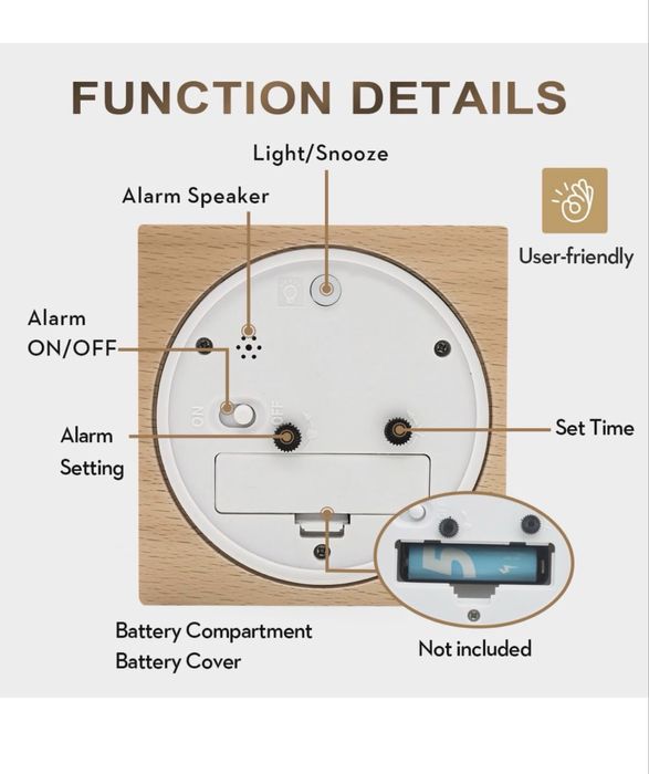Ceas deșteptător de noptieră, ceas analogic din lemn silențios