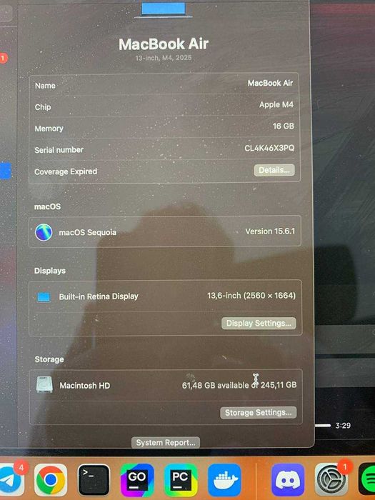 MacBook Air 13" M4 16GB RAM 256 GB 98%